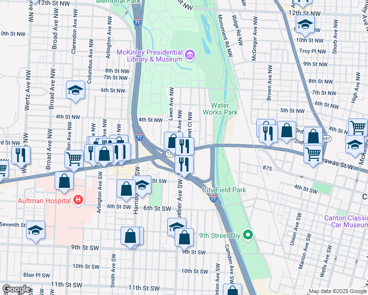 map of restaurants, bars, coffee shops, grocery stores, and more near 1800 Tuscarawas Street West in Canton