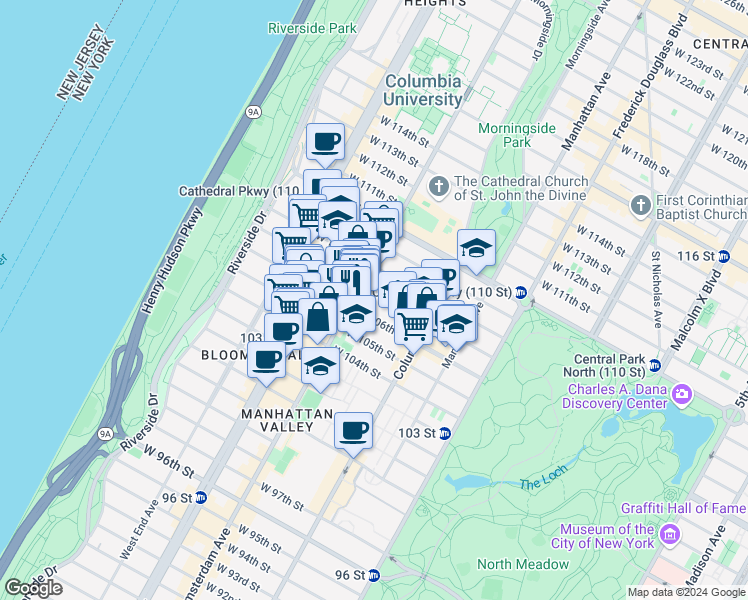 map of restaurants, bars, coffee shops, grocery stores, and more near 947 Amsterdam Avenue in New York