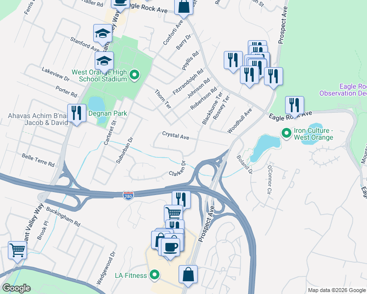 map of restaurants, bars, coffee shops, grocery stores, and more near 76 Blackburne Terrace in West Orange