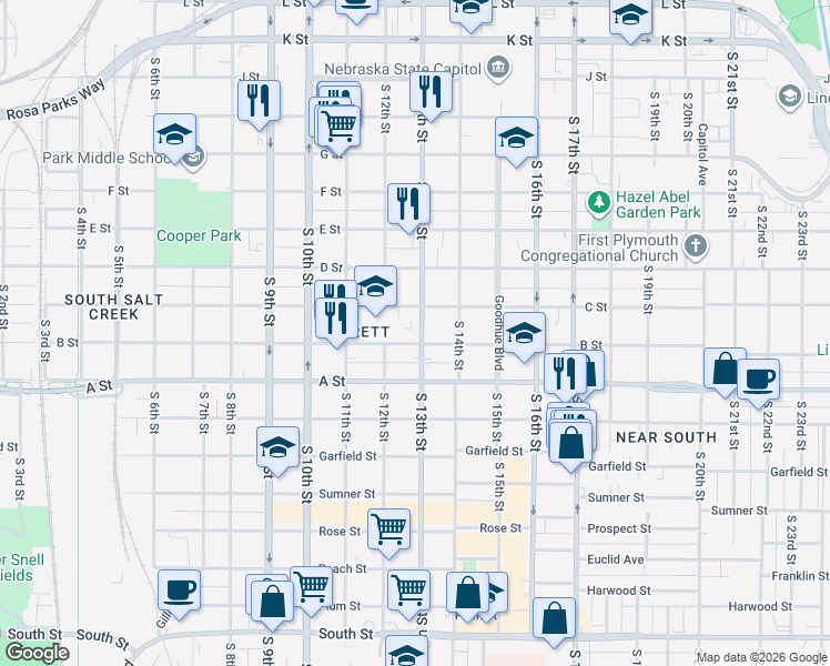 map of restaurants, bars, coffee shops, grocery stores, and more near 1215 B Street in Lincoln