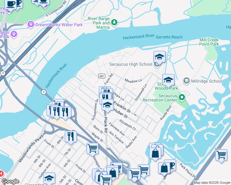map of restaurants, bars, coffee shops, grocery stores, and more near 7 Myrtle Avenue in Secaucus