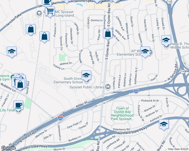map of restaurants, bars, coffee shops, grocery stores, and more near 48 Colony Lane in Syosset