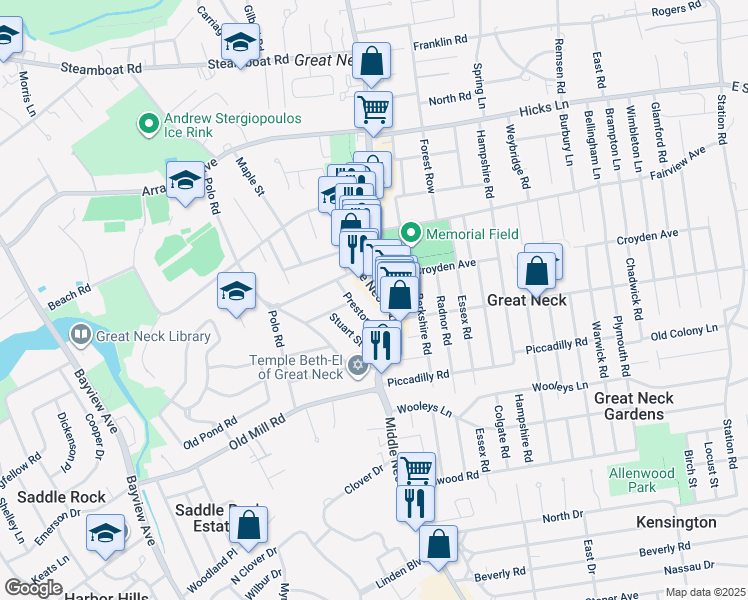 map of restaurants, bars, coffee shops, grocery stores, and more near 16 Preston Road in Great Neck