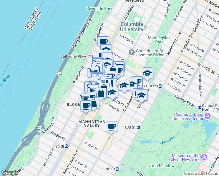 map of restaurants, bars, coffee shops, grocery stores, and more near 936 Amsterdam Avenue in New York