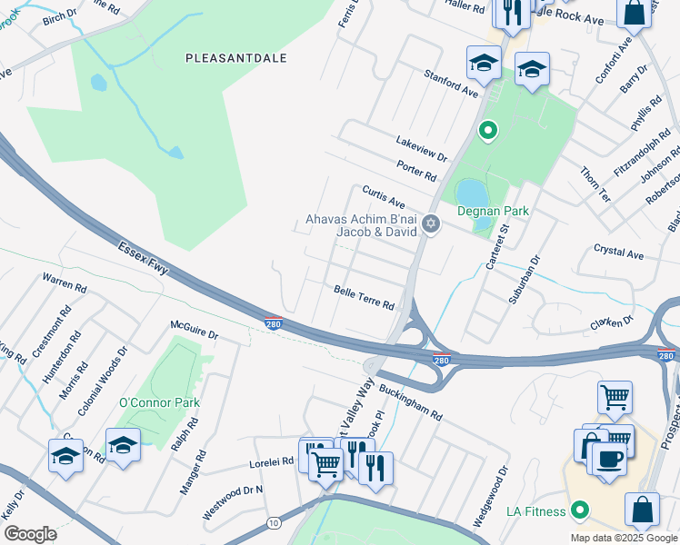 map of restaurants, bars, coffee shops, grocery stores, and more near 38 Belle Terre Road in West Orange