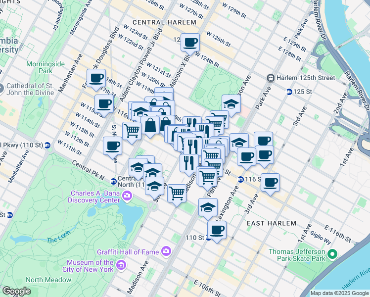map of restaurants, bars, coffee shops, grocery stores, and more near 5th Avenue & East 116th Street in New York