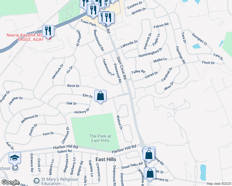 map of restaurants, bars, coffee shops, grocery stores, and more near 40 Elm Drive in Roslyn