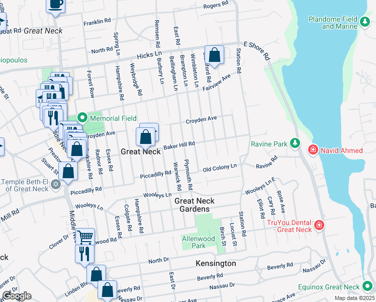map of restaurants, bars, coffee shops, grocery stores, and more near 50 Plymouth Road in Great Neck