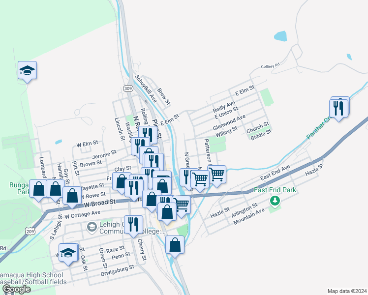 map of restaurants, bars, coffee shops, grocery stores, and more near 212 North Greenwood Street in Tamaqua