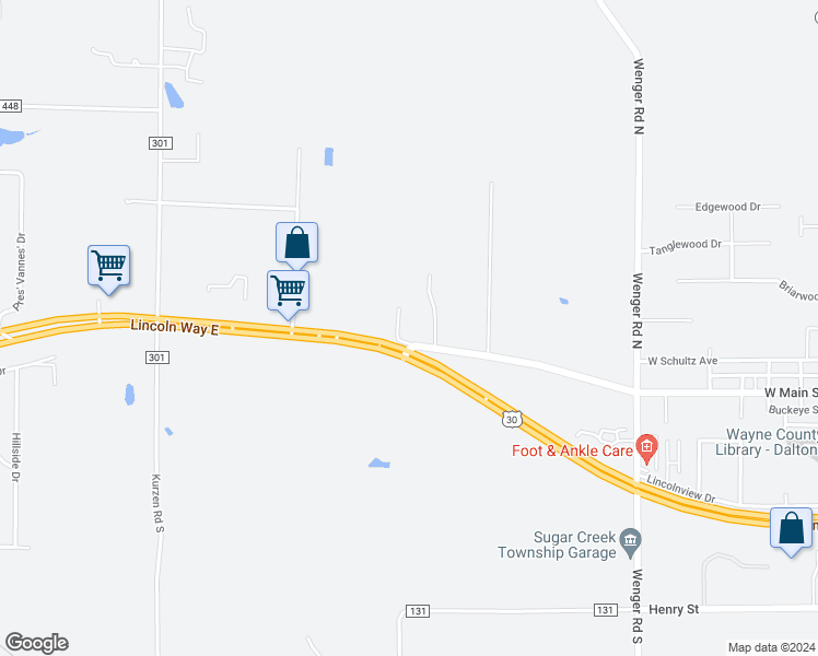 map of restaurants, bars, coffee shops, grocery stores, and more near 15028 Old Lincoln Way in Dalton