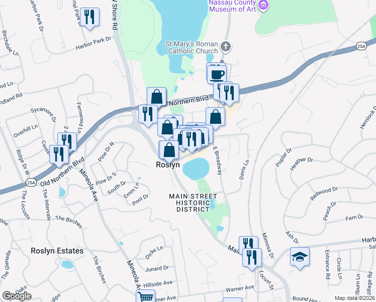 map of restaurants, bars, coffee shops, grocery stores, and more near 1314 Old Northern Boulevard in Roslyn