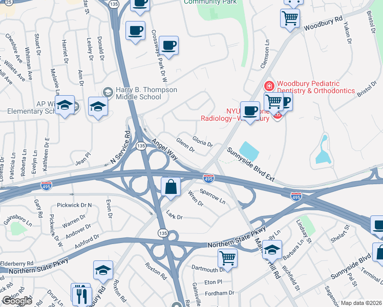map of restaurants, bars, coffee shops, grocery stores, and more near 7 East Drive in Woodbury