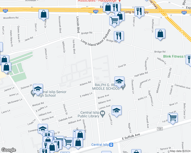map of restaurants, bars, coffee shops, grocery stores, and more near 153 Hawthorne Avenue in Central Islip
