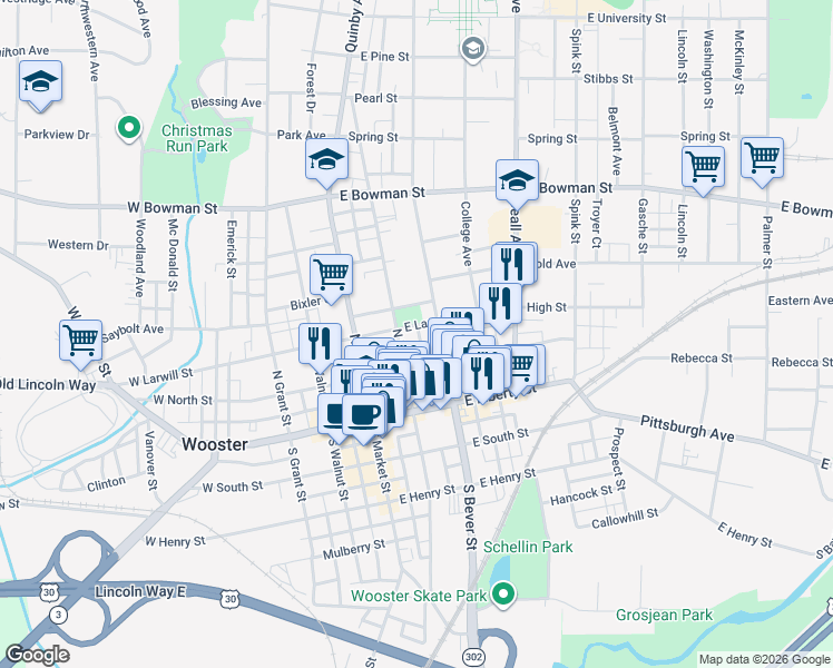map of restaurants, bars, coffee shops, grocery stores, and more near 210 North Bever Street in Wooster