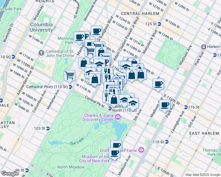 map of restaurants, bars, coffee shops, grocery stores, and more near St Nicholas Ave & W 113th St in New York