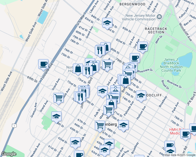 map of restaurants, bars, coffee shops, grocery stores, and more near 7309 5th Avenue in North Bergen
