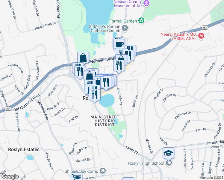 map of restaurants, bars, coffee shops, grocery stores, and more near 1356 Old Northern Boulevard in Roslyn