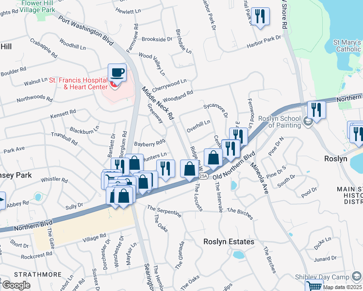 map of restaurants, bars, coffee shops, grocery stores, and more near 37 Knollwood Road in Roslyn