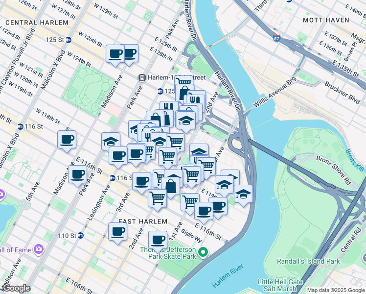 map of restaurants, bars, coffee shops, grocery stores, and more near East 120th Street in New York