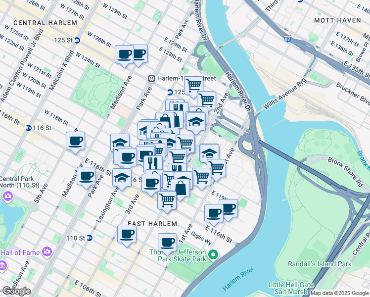map of restaurants, bars, coffee shops, grocery stores, and more near 239 East 120th Street in New York