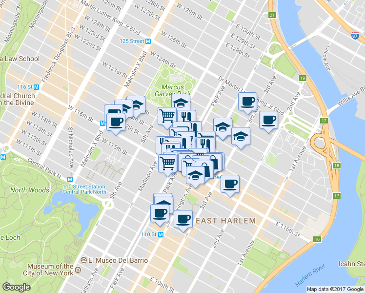 map of restaurants, bars, coffee shops, grocery stores, and more near in New York