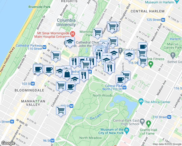 map of restaurants, bars, coffee shops, grocery stores, and more near in New York