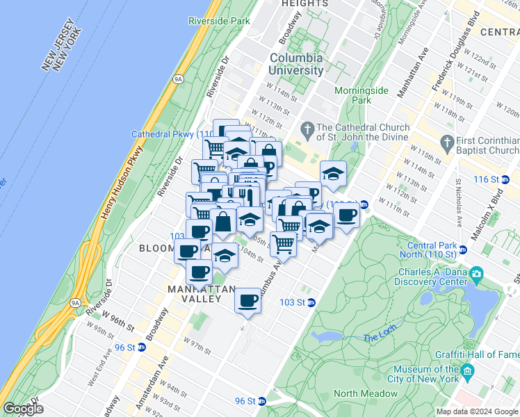 map of restaurants, bars, coffee shops, grocery stores, and more near 947 Amsterdam Avenue in New York