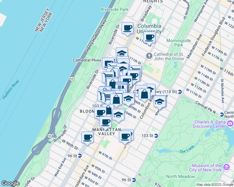map of restaurants, bars, coffee shops, grocery stores, and more near 920 Amsterdam Avenue in New York