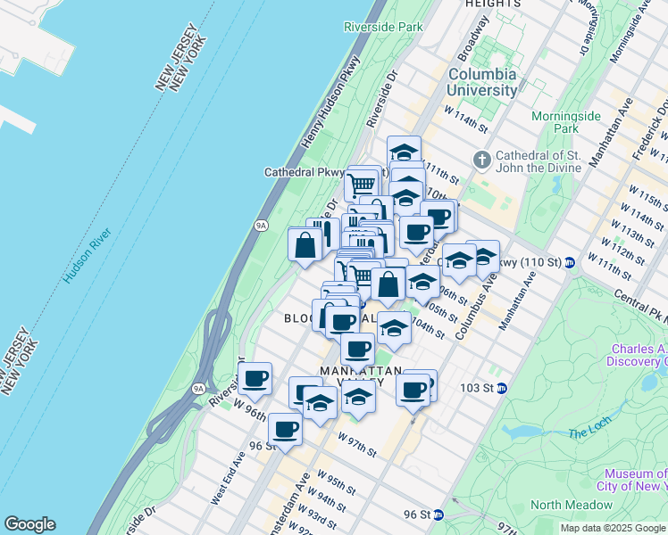 map of restaurants, bars, coffee shops, grocery stores, and more near 2701 Broadway in New York