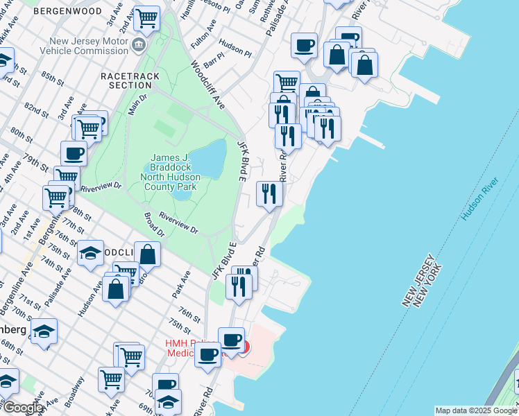 map of restaurants, bars, coffee shops, grocery stores, and more near 8401 River Road in North Bergen