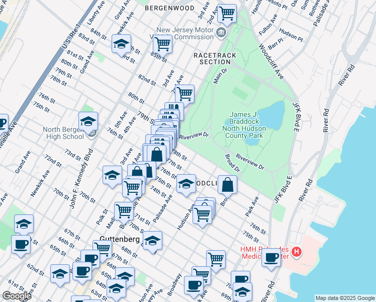 map of restaurants, bars, coffee shops, grocery stores, and more near 403 78th Street in North Bergen