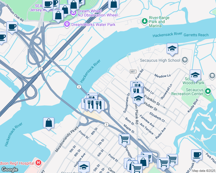 map of restaurants, bars, coffee shops, grocery stores, and more near 303 Hagan Place in Secaucus