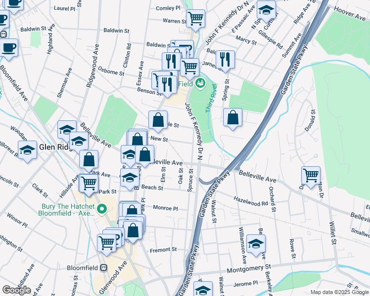 map of restaurants, bars, coffee shops, grocery stores, and more near 279 Belleville Avenue in Bloomfield