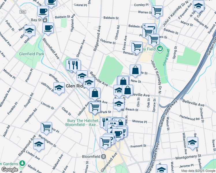 map of restaurants, bars, coffee shops, grocery stores, and more near 114 State Street in Bloomfield