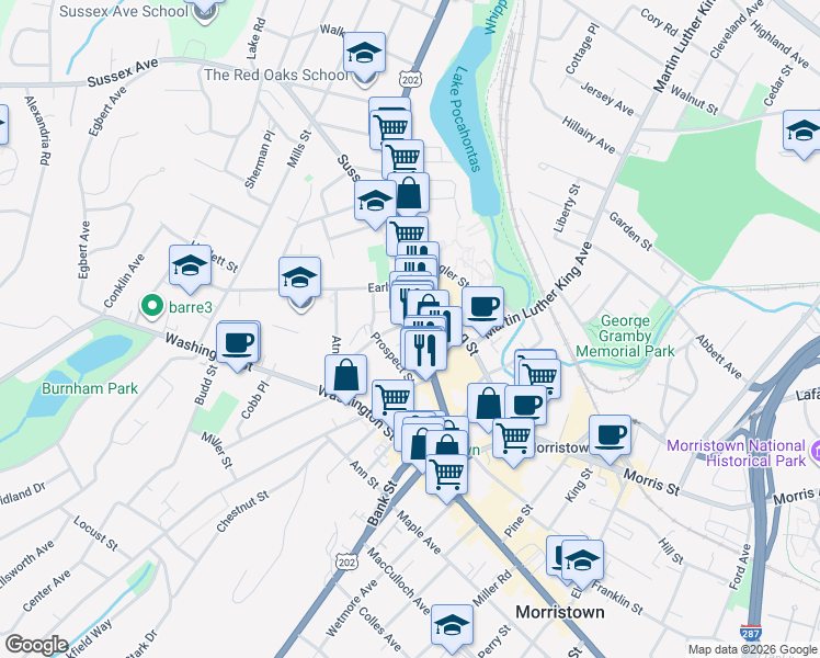 map of restaurants, bars, coffee shops, grocery stores, and more near 17 Prospect Street in Morristown