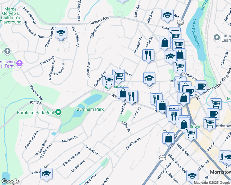 map of restaurants, bars, coffee shops, grocery stores, and more near 150 Washington Street in Morristown