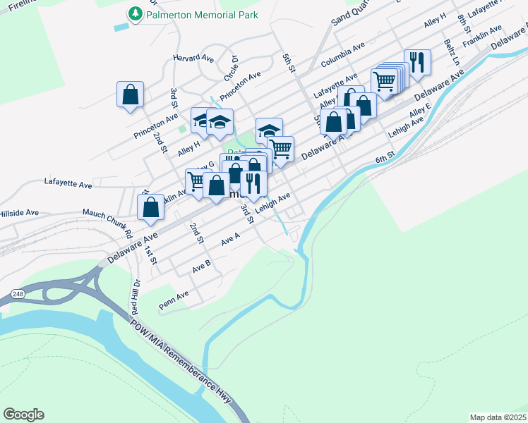 map of restaurants, bars, coffee shops, grocery stores, and more near 284 Avenue A in Palmerton