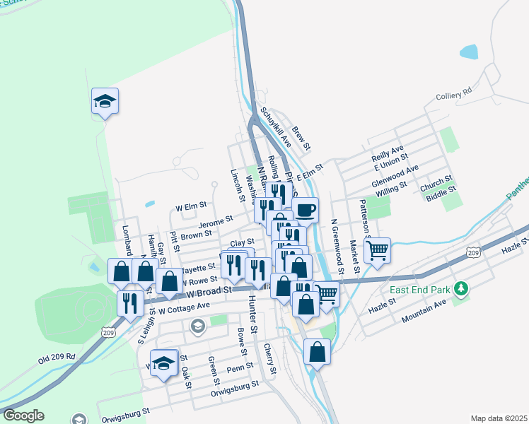 map of restaurants, bars, coffee shops, grocery stores, and more near 308 North Railroad Street in Tamaqua