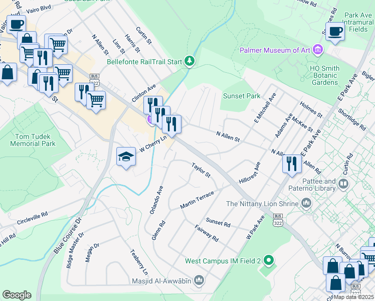 map of restaurants, bars, coffee shops, grocery stores, and more near 1009 Taylor Street in State College