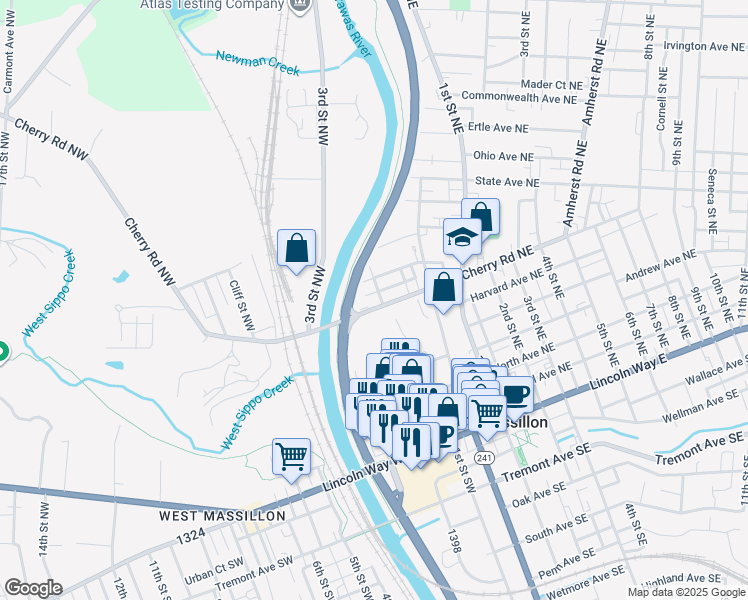 map of restaurants, bars, coffee shops, grocery stores, and more near 175 Cherry Road Northwest in Massillon