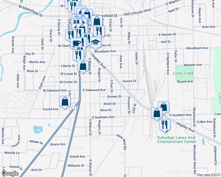 map of restaurants, bars, coffee shops, grocery stores, and more near 815 South East Street in Bucyrus