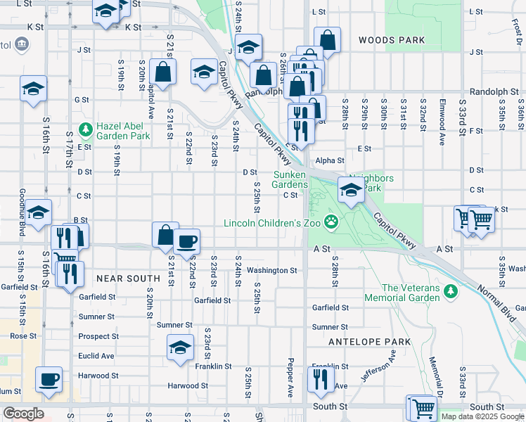 map of restaurants, bars, coffee shops, grocery stores, and more near 2444 B Street in Lincoln