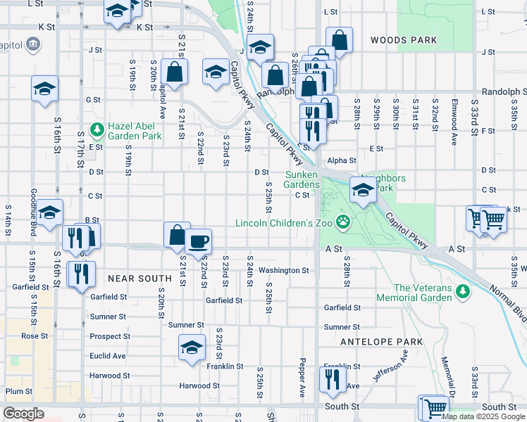 map of restaurants, bars, coffee shops, grocery stores, and more near 2444 B Street in Lincoln