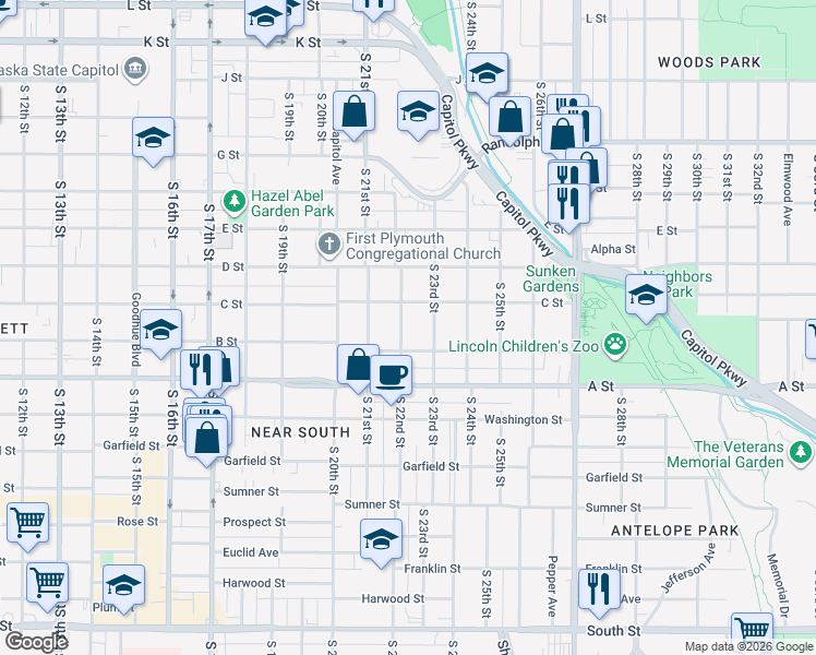 map of restaurants, bars, coffee shops, grocery stores, and more near 2230 B Street in Lincoln