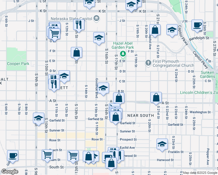 map of restaurants, bars, coffee shops, grocery stores, and more near 1625 B Street in Lincoln