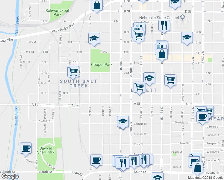 map of restaurants, bars, coffee shops, grocery stores, and more near 823 B Street in Lincoln