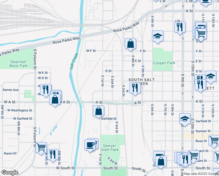 map of restaurants, bars, coffee shops, grocery stores, and more near 101 B Street in Lincoln