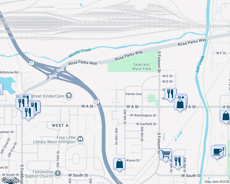 map of restaurants, bars, coffee shops, grocery stores, and more near 1301 Southwest 10th Street in Lincoln