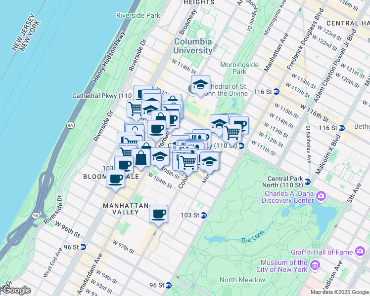 map of restaurants, bars, coffee shops, grocery stores, and more near 960 Columbus Avenue in New York