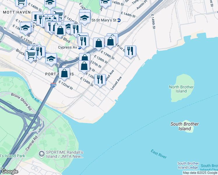 map of restaurants, bars, coffee shops, grocery stores, and more near 131-159 Locust Ave in Bronx